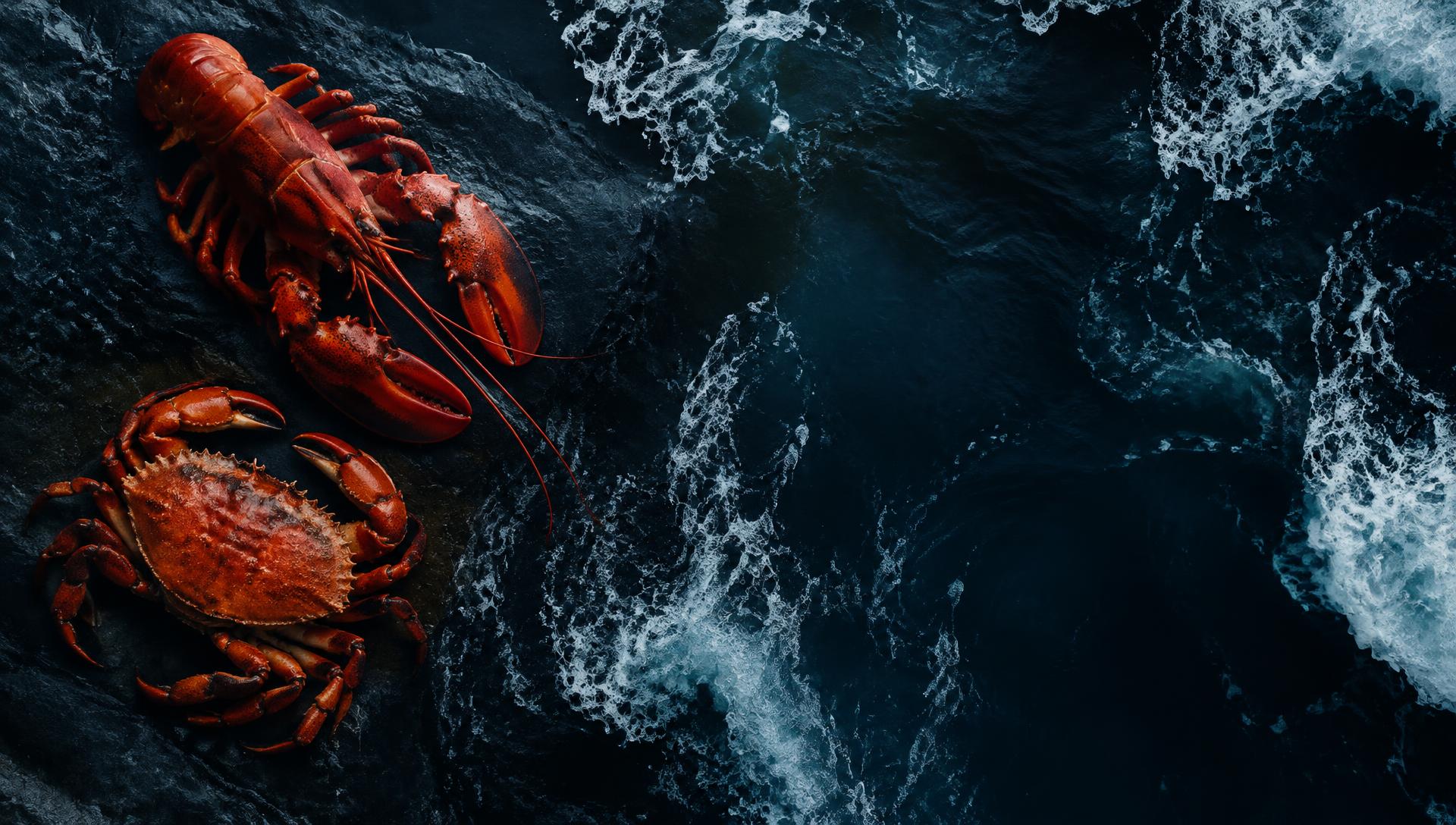 Fresh red lobster and crab on dark coastal rock beside crashing ocean waves